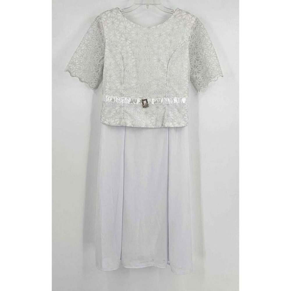 New Le Gala Short Sleeve White Formal Dress Brocade Lace Upper Sz M